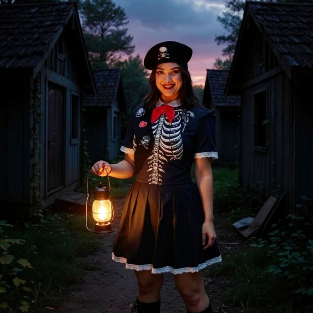 Trickz N Treatz ✦ Skeleton Girl Scout Costume Set ✦ Black White Lace Trim Sz 1X - Picture 8 of 9